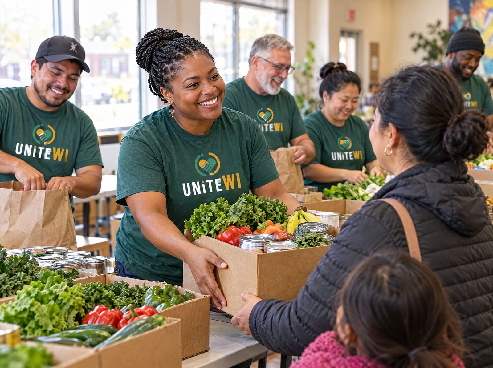 UniteWI volunteers in green UniteWI shirts handing a box of fresh food to a mother and child
